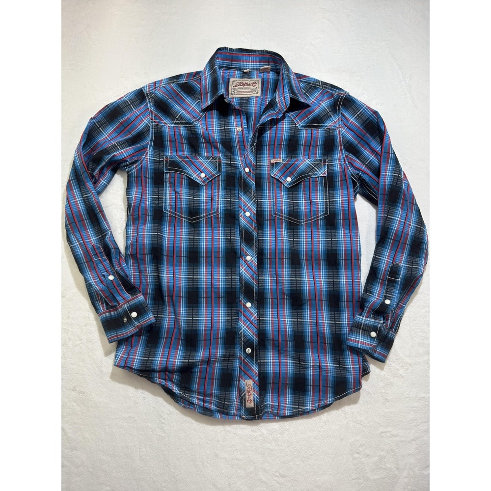 Rafter‎ C Shirt Mens Medium Blue Plaid Western Pearl Snap Long Sleeve Casual